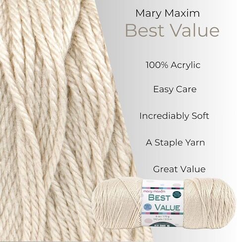 Mary Maxim Best Value Worsted Weight Yarn, 100% Acrylic Medium Weight 4 Yarn for Crocheting and Knitting Filets, Scarves, Mittens, Blankets, and Garments, 6 oz, 342 Yards, Cottonwood in Kuwait
