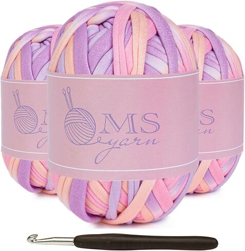 3x100g/30yds Tshirt Yarn for Crochet Basket/Bag, High Elastic T Shirt Crochet Yarn with Hook (Pink&Purple) in Saudi Arabia