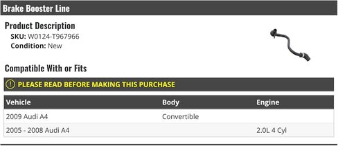 Brake Booster Line Hose - Compatible with 2005-2009 Audi A4 Convertible 2.0L 4-Cylinder in Kuwait