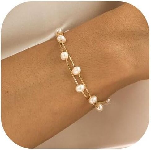 BERISO Gold/Silver Pearl Bracelets for Women,14K Gold Plated Bracelets Dainty Pearls Beaded Chain Heart Pearl Bracelets in Saudi Arabia