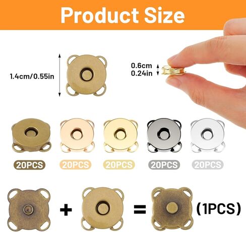100 Pcs Magnetic Buttons for Bags, 0.55" Magnetic Snap Buttons, 5 Color Assorted Copper Plum Blossom Closures for Purses, Handbags, Clothing & DIY Sewing Crafts in Kuwait