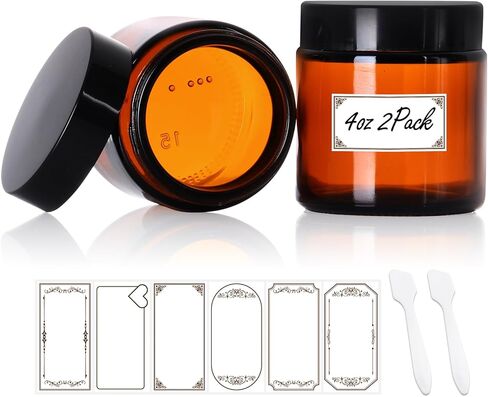 3 Pack 4 oz Amber Glass Jars with lids, Cosmetic Jars with Inner Liners and Black Lids, Lotion Jars, Candle Making Jars for Lotions, Scrubs and Cosmetic, Lables and Spatulas Include in Saudi Arabia