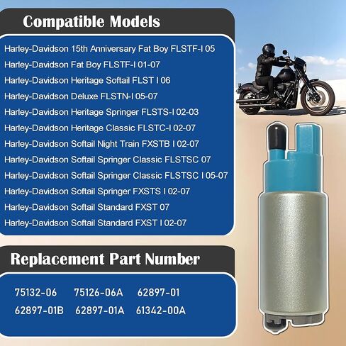 62897-01B Fuel Pump W/Regulator &Seal Fit for Harley Davidson Heritage Softail Deluxe Fat Boy Night Train Springer FLST FXST CVO FLSTC FLSTCI 2001-07 75126-06A 62897-01 61342-00A 62897-01A 75132-06 in Kuwait