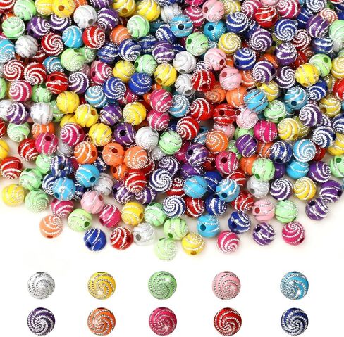 1000PCS 8mm Acrylic Beads for Bracelets,Colorful Round Sparkle Spiral Bead Bulk for DIY Jewelry Keychains Friendship Bracelet Charms Crafts Supplies (Multicolor, Threaded 1000PCS) in Saudi Arabia