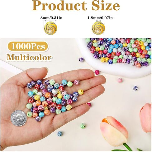 1000PCS 8mm Acrylic Beads for Bracelets,Colorful Round Sparkle Spiral Bead Bulk for DIY Jewelry Keychains Friendship Bracelet Charms Crafts Supplies (Multicolor, Threaded 1000PCS) in Saudi Arabia