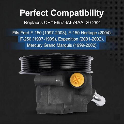 مضخة توجيه كهربائية 20-282 مع بكرة متوافقة مع 1997-2004 F'-ord F'-150 Heritage F-250 HD 1999-2002 Mercury Grand Marquis 4.2L 4.6L 4.9L 5.4L، استبدال # F65Z3A674AA in Kuwait