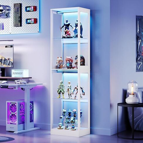 AMERLIFE RGB Display Cabinet with Adjustable Glass Shelves, 4-Tier Storage Display Case with LED Lights, Press-to-Open Glass Doors, Modern Collectibles Cabinet, Black 70" H x 45" L x 16" D in Saudi Arabia