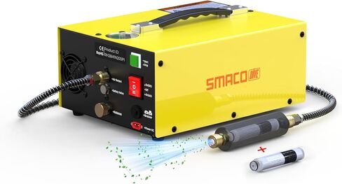 SMACO PCP Air Compressor 4500Psi, Oil-Free Auto-Stop Portable HPA Compressor, Dual Power 12V DC & 110V/220V AC PCP Air Pump with Water/Oil Separator & Spare Filter for Paintball Scuba Tank Yellow in Saudi Arabia