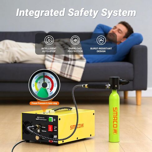 SMACO PCP Air Compressor 4500Psi, Oil-Free Auto-Stop Portable HPA Compressor, Dual Power 12V DC & 110V/220V AC PCP Air Pump with Water/Oil Separator & Spare Filter for Paintball Scuba Tank Yellow in Saudi Arabia