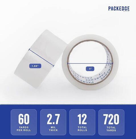 Packedge Heavy Duty Packing Tape, 12 Rolls — 1.88 Inches x 60 Yards, 2.7 Mil Thick Clear Packaging Tape for Shipping, Moving & Box Sealing, 720 Total Yards in Kuwait