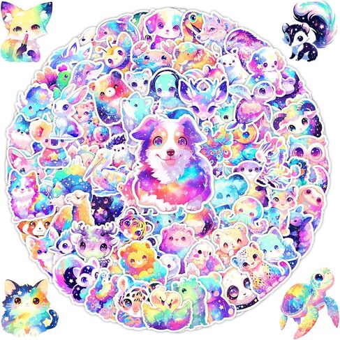 Cute Animal Stickers for Decorating Water Bottles, Laptops, 100 Pcs Holographic Waterproof Vinyl Decals Cartoon Starry Animal Stickers for Kids, Adults, Rainbow Animals Party Favors in Saudi Arabia