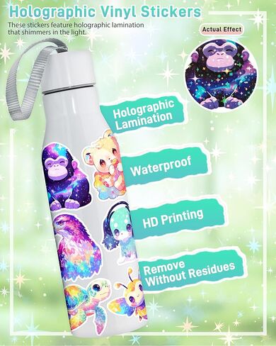 Cute Animal Stickers for Decorating Water Bottles, Laptops, 100 Pcs Holographic Waterproof Vinyl Decals Cartoon Starry Animal Stickers for Kids, Adults, Rainbow Animals Party Favors in Saudi Arabia