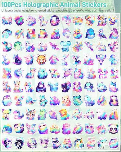 Cute Animal Stickers for Decorating Water Bottles, Laptops, 100 Pcs Holographic Waterproof Vinyl Decals Cartoon Starry Animal Stickers for Kids, Adults, Rainbow Animals Party Favors in Saudi Arabia