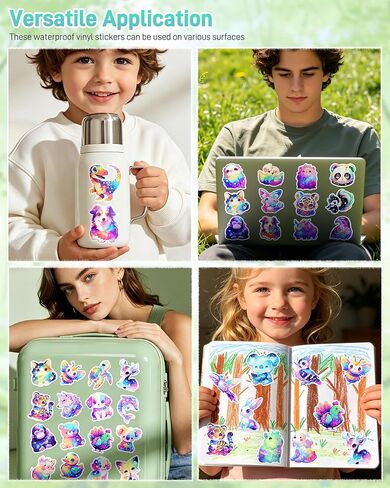 Cute Animal Stickers for Decorating Water Bottles, Laptops, 100 Pcs Holographic Waterproof Vinyl Decals Cartoon Starry Animal Stickers for Kids, Adults, Rainbow Animals Party Favors in Saudi Arabia