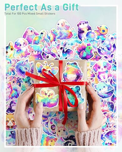 Cute Animal Stickers for Decorating Water Bottles, Laptops, 100 Pcs Holographic Waterproof Vinyl Decals Cartoon Starry Animal Stickers for Kids, Adults, Rainbow Animals Party Favors in Saudi Arabia