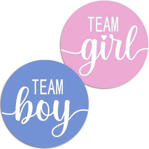 124 Cute Team Girl Team Boy Gender Reveal Theme Stickers, 1 Inch Big Round Glossy Labels, Pink and Blue Decals, Great for Baby Shower Party Favors, DIY Tags, Games and Supplies. Made in USA in Kuwait