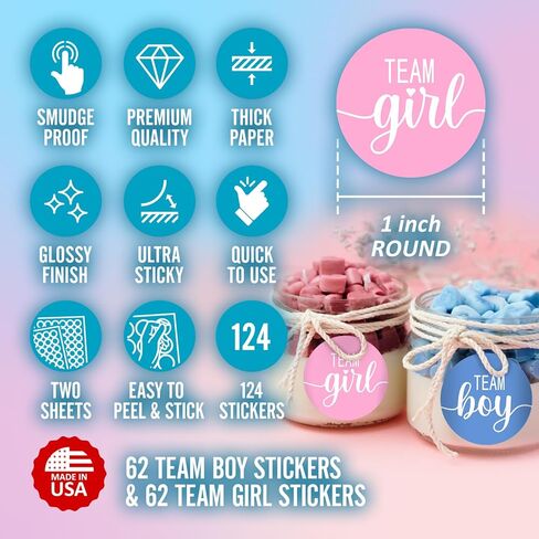 124 Cute Team Girl Team Boy Gender Reveal Theme Stickers, 1 Inch Big Round Glossy Labels, Pink and Blue Decals, Great for Baby Shower Party Favors, DIY Tags, Games and Supplies. Made in USA in Kuwait