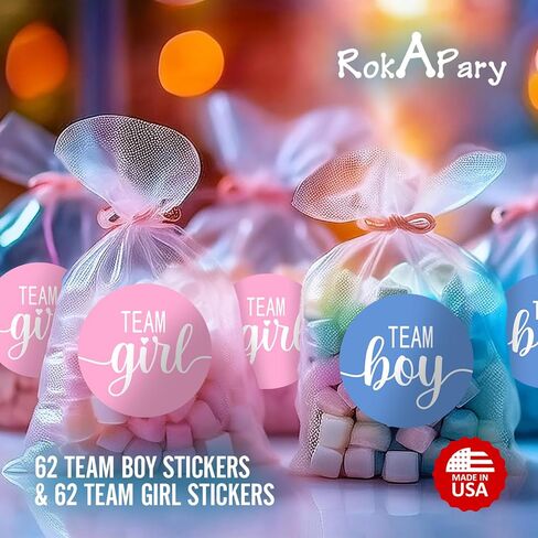 124 Cute Team Girl Team Boy Gender Reveal Theme Stickers, 1 Inch Big Round Glossy Labels, Pink and Blue Decals, Great for Baby Shower Party Favors, DIY Tags, Games and Supplies. Made in USA in Kuwait