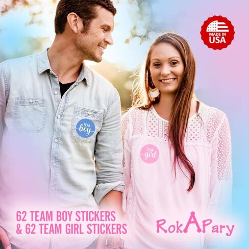124 Cute Team Girl Team Boy Gender Reveal Theme Stickers, 1 Inch Big Round Glossy Labels, Pink and Blue Decals, Great for Baby Shower Party Favors, DIY Tags, Games and Supplies. Made in USA in Kuwait