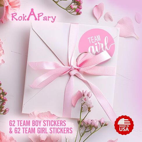 124 Cute Team Girl Team Boy Gender Reveal Theme Stickers, 1 Inch Big Round Glossy Labels, Pink and Blue Decals, Great for Baby Shower Party Favors, DIY Tags, Games and Supplies. Made in USA in Kuwait