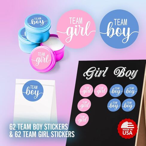 124 Cute Team Girl Team Boy Gender Reveal Theme Stickers, 1 Inch Big Round Glossy Labels, Pink and Blue Decals, Great for Baby Shower Party Favors, DIY Tags, Games and Supplies. Made in USA in Kuwait
