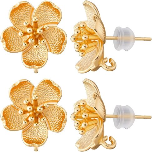 Beebeecraft 1 Box 4 Pair Flower Stud Earring Finding 18K Gold Plated Brass Cute Floral Ear Studs with Loop and 8Pcs Silicone Ear Nuts for Flower Theme DIY Jewelry Making in Kuwait