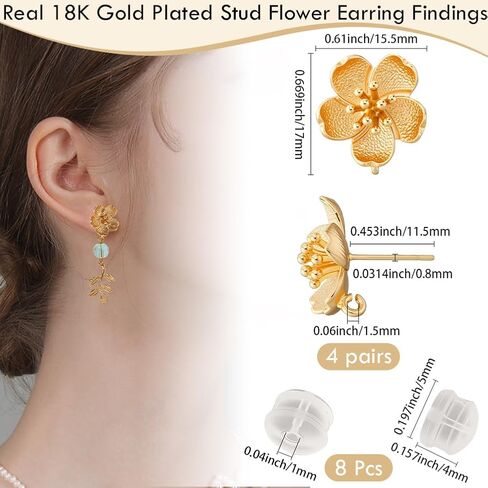 Beebeecraft 1 Box 4 Pair Flower Stud Earring Finding 18K Gold Plated Brass Cute Floral Ear Studs with Loop and 8Pcs Silicone Ear Nuts for Flower Theme DIY Jewelry Making in Kuwait