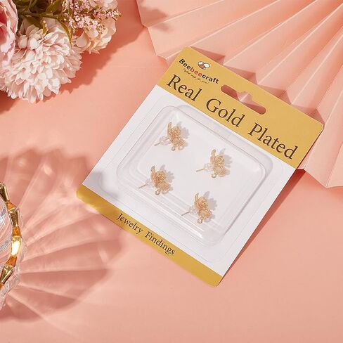 Beebeecraft 1 Box 4 Pair Flower Stud Earring Finding 18K Gold Plated Brass Cute Floral Ear Studs with Loop and 8Pcs Silicone Ear Nuts for Flower Theme DIY Jewelry Making in Kuwait