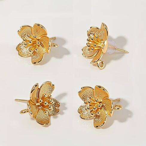 Beebeecraft 1 Box 4 Pair Flower Stud Earring Finding 18K Gold Plated Brass Cute Floral Ear Studs with Loop and 8Pcs Silicone Ear Nuts for Flower Theme DIY Jewelry Making in Kuwait