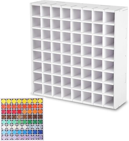 64-Grid Paint Organizer & Storage Rack, Wall-Mountable and Stackable Craft Paint Holder for 2oz Acrylic Paints, White Wood-Plastic Board Construction with Hooks & Screws Included in Saudi Arabia