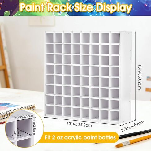 64-Grid Paint Organizer & Storage Rack, Wall-Mountable and Stackable Craft Paint Holder for 2oz Acrylic Paints, White Wood-Plastic Board Construction with Hooks & Screws Included in Saudi Arabia