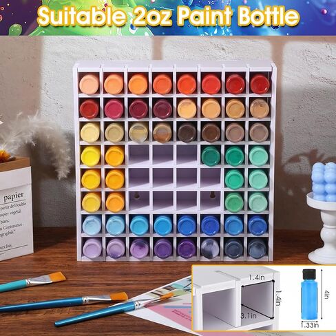 64-Grid Paint Organizer & Storage Rack, Wall-Mountable and Stackable Craft Paint Holder for 2oz Acrylic Paints, White Wood-Plastic Board Construction with Hooks & Screws Included in Saudi Arabia