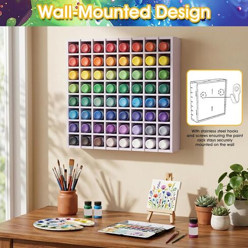 64-Grid Paint Organizer & Storage Rack, Wall-Mountable and Stackable Craft Paint Holder for 2oz Acrylic Paints, White Wood-Plastic Board Construction with Hooks & Screws Included in Saudi Arabia