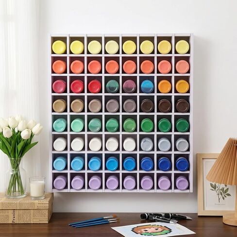 64-Grid Paint Organizer & Storage Rack, Wall-Mountable and Stackable Craft Paint Holder for 2oz Acrylic Paints, White Wood-Plastic Board Construction with Hooks & Screws Included in Saudi Arabia
