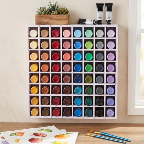 64-Grid Paint Organizer & Storage Rack, Wall-Mountable and Stackable Craft Paint Holder for 2oz Acrylic Paints, White Wood-Plastic Board Construction with Hooks & Screws Included in Saudi Arabia