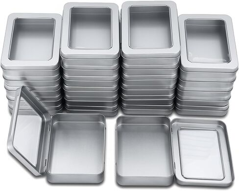 Goodma 24 Pieces Rectangle Metal Tins Containers with Hinged Window Lids Mini Storage Organizer Set for Home Kitchen, Office and School Supplies, 4.5 x 3.3 x 0.9 inch (Silver) in Saudi Arabia