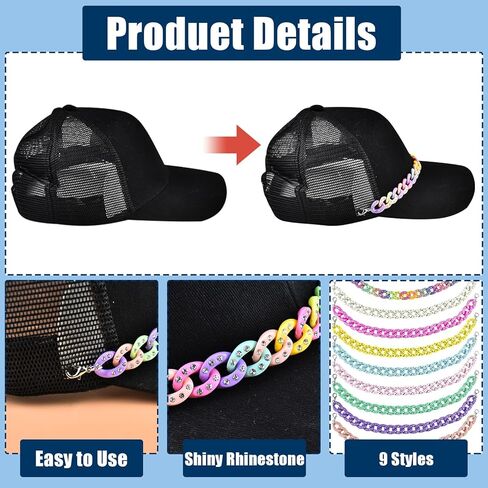 LATUMCO 9 Pcs Acrylic Bling Hat Chains kit, Colorful Trucker Cap Charms Bulk Accessories for Women Men DIY Decoration Mesh Back Hats in Saudi Arabia