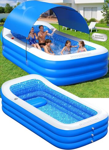 2026 Inflatable Pool with Canopy,Upgraded Blow Up Pool for Adults&Kids,Large Inflatable Pool with Seat and Big Backrest,Kiddie Pool with Shade,Kid Swimming Pool for Backyard 110"x63"x20"Blue in Saudi Arabia