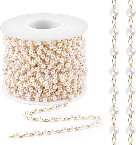 Lainballow 49Ft 3mm حبات اللؤلؤ سلسلة فو حبات اللؤلؤ للحرف اللؤلؤ إكليل مع الذهب مطلي الفولاذ المقاوم للصدأ سلسلة ربط اللؤلؤ الاصطناعي سلسلة تقليم لسوار قلادة حفل زفاف عيد الميلاد in Kuwait