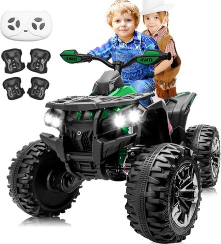Kids ATV 4 Wheeler, 24V 4WD Ride on Toys w/2 Seater, 4x200W Powerful Motor, 9AH Battery Powered, Bluetooth Music, LED Lights, TF Card, Spring Suspension, Electric Quad Vehicle Car for Boy Girl, Black in Saudi Arabia