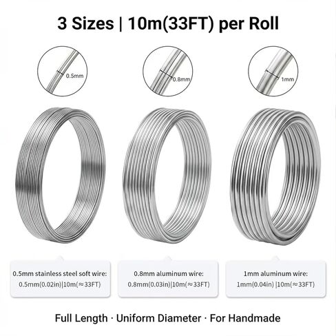 Jewelry Wire, Aluminum Wire | 0.5mm Stainless Steel, 0.8mm & 1mm Aluminum 33FT Per Roll, Bendable Metal for DIY Jewelry Making, Bonsai Training & Handcraft Projects in Saudi Arabia