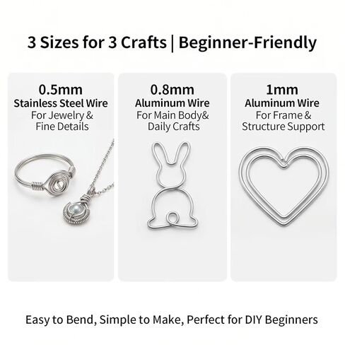 Jewelry Wire, Aluminum Wire | 0.5mm Stainless Steel, 0.8mm & 1mm Aluminum 33FT Per Roll, Bendable Metal for DIY Jewelry Making, Bonsai Training & Handcraft Projects in Saudi Arabia