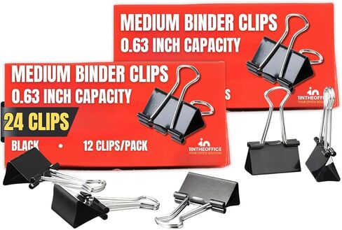 1InTheOffice Medium Binder Clips, Paper Clamps, Paper Binder Clips, 5/8" Capacity, Metal, Black, 24 Pack in Saudi Arabia