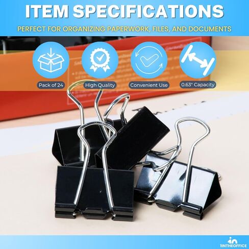 1InTheOffice Medium Binder Clips, Paper Clamps, Paper Binder Clips, 5/8" Capacity, Metal, Black, 24 Pack in Saudi Arabia