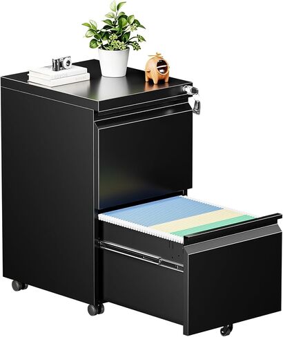 2 Drawer Mobile File Cabinet with Lock, Fully Assembled Except Casters, Under Desk Metal Filing Cabinet for Home Office Organization, Fits Letter/Legal/A4 in Saudi Arabia