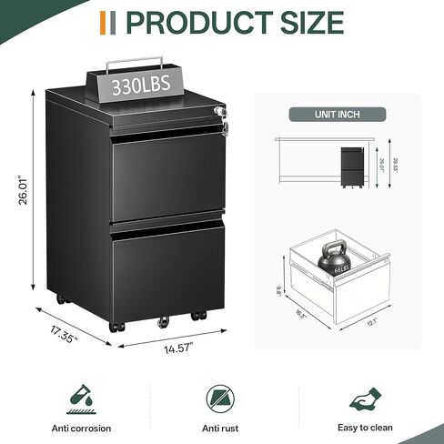 2 Drawer Mobile File Cabinet with Lock, Fully Assembled Except Casters, Under Desk Metal Filing Cabinet for Home Office Organization, Fits Letter/Legal/A4 in Saudi Arabia