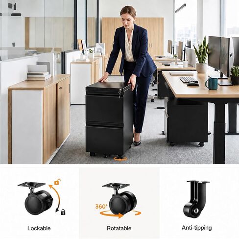 2 Drawer Mobile File Cabinet with Lock, Fully Assembled Except Casters, Under Desk Metal Filing Cabinet for Home Office Organization, Fits Letter/Legal/A4 in Saudi Arabia