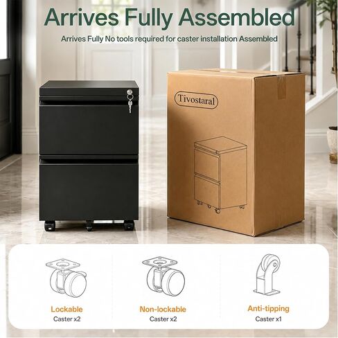 2 Drawer Mobile File Cabinet with Lock, Fully Assembled Except Casters, Under Desk Metal Filing Cabinet for Home Office Organization, Fits Letter/Legal/A4 in Saudi Arabia