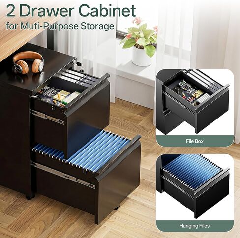 2 Drawer Mobile File Cabinet with Lock, Fully Assembled Except Casters, Under Desk Metal Filing Cabinet for Home Office Organization, Fits Letter/Legal/A4 in Saudi Arabia