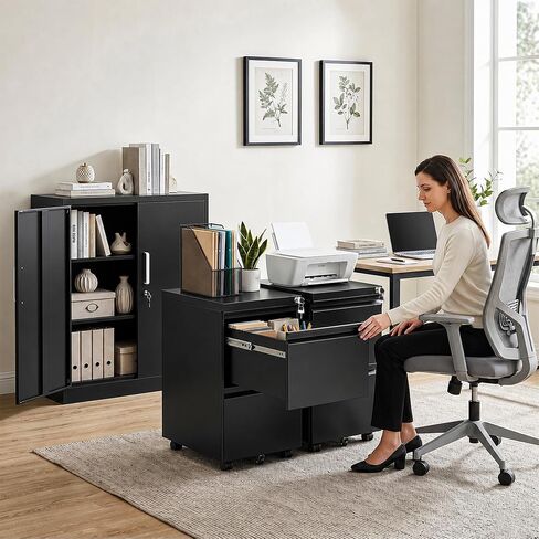 2 Drawer Mobile File Cabinet with Lock, Fully Assembled Except Casters, Under Desk Metal Filing Cabinet for Home Office Organization, Fits Letter/Legal/A4 in Saudi Arabia